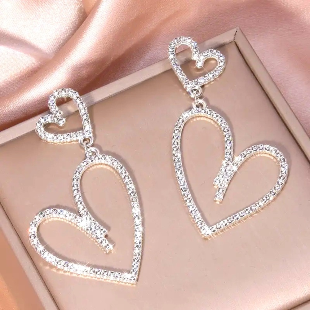Double Heart Rhinestone Drop Earrings Sparkle Bling Fashion Earrings